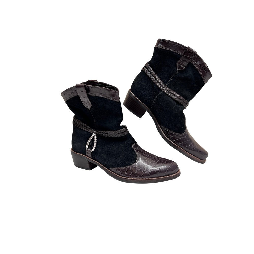 Brighton Wayne Ankle Boots Womens 7.5 Black Brown NWOT Croc Suede Western Bootie
